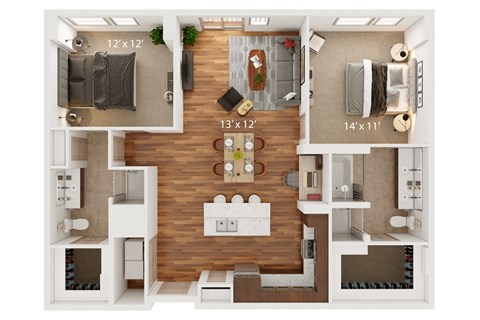 Floor plan for 2 beds, 2 baths, 1245 sqft